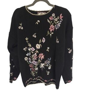 Tiara International Vintage Floral Embroidered Beaded Sweater Black Womens L